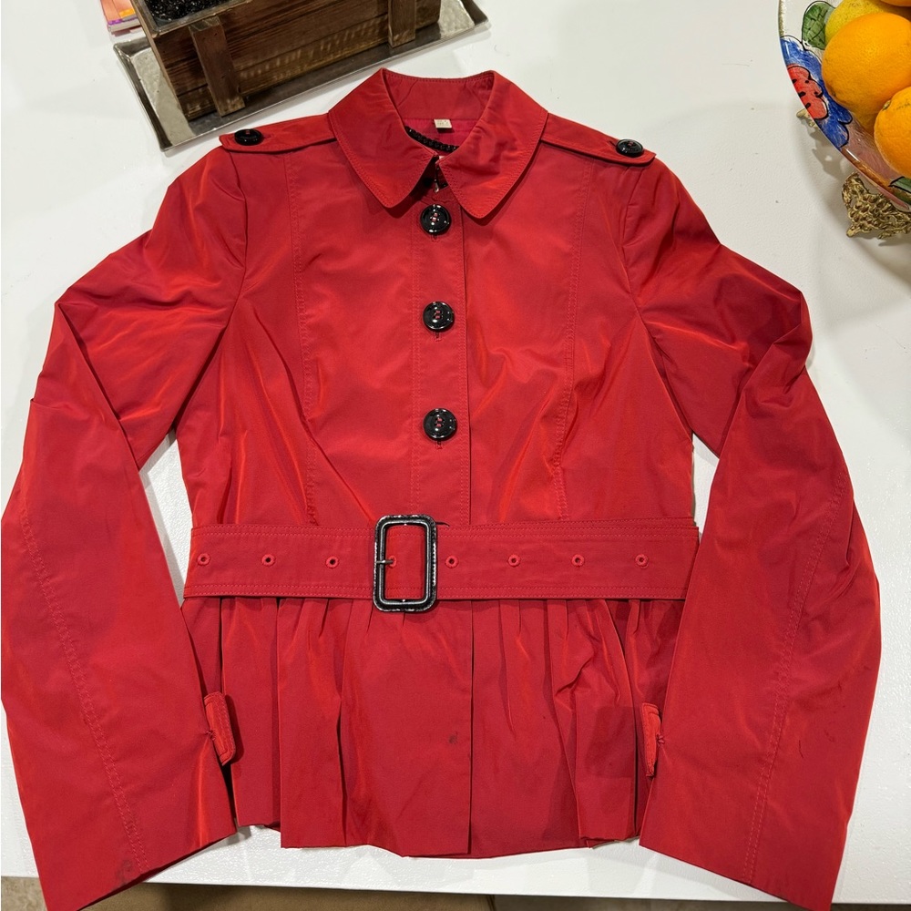 Burberry Red Pleated Belted Trench Coat